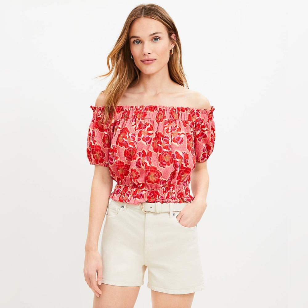 NWT LOFT Floral Crinkle Jacquard Off-the-Shoulder Top – Fresh Guava - Picture 2 of 7